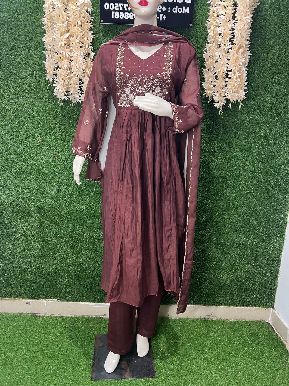 A-Line Mul Chanderi Kurta Suit Set with Ombre Dupatta & Pearl, Sequin, Cutdana Work