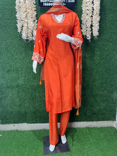Hand-Embroidered Silk Suit Set with Pearl, Sequin & Cutdana Work and Banarasi Dupatta