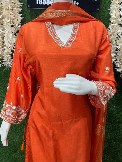 Hand-Embroidered Silk Suit Set with Pearl, Sequin & Cutdana Work and Banarasi Dupatta