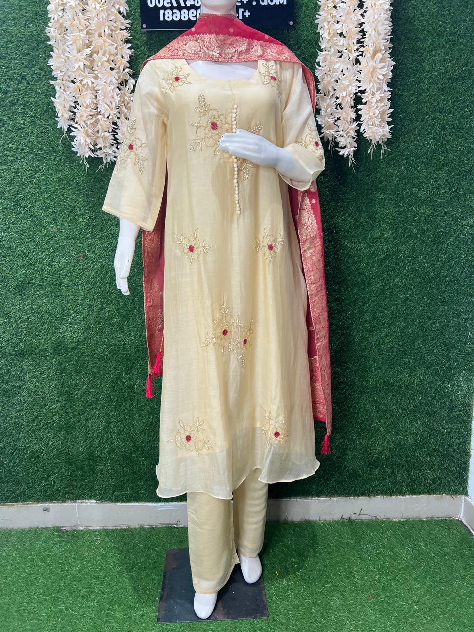 A-Line Mul Chanderi Kurta Set with Banarasi Dupatta & Pearl Cutdana Work