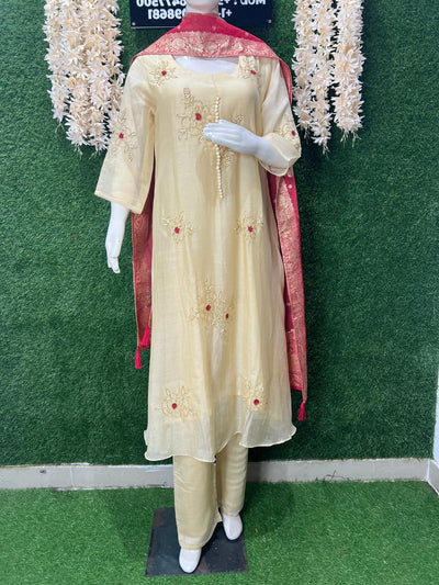 A-Line Mul Chanderi Kurta Set with Banarasi Dupatta & Pearl Cutdana Work