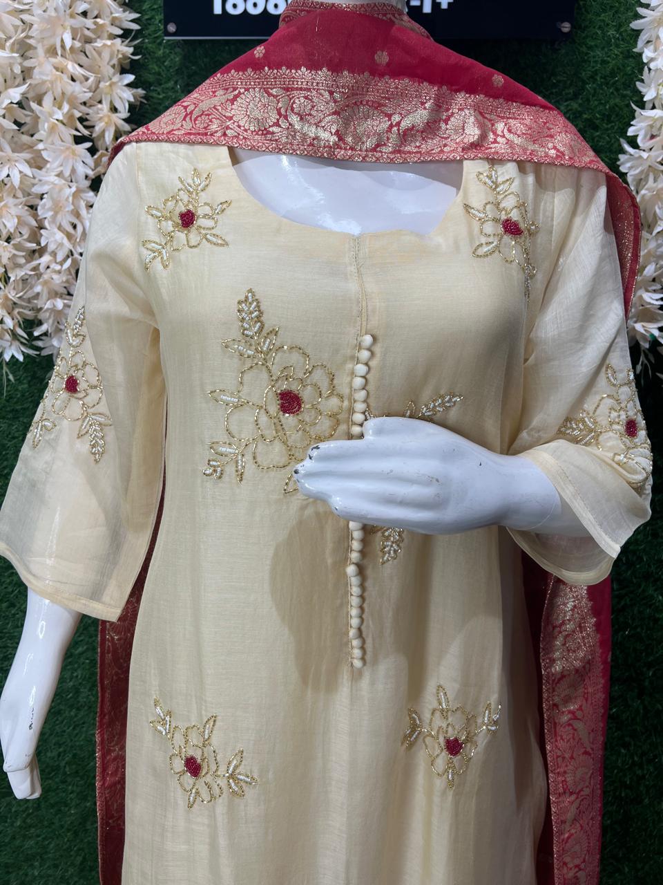 A-Line Mul Chanderi Kurta Set with Banarasi Dupatta & Pearl Cutdana Work