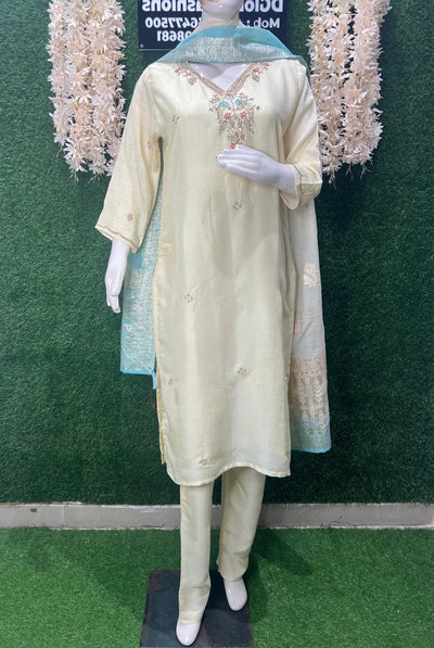 Silk Suit Set with Banarasi Dupatta & Kasab, Cutdana, Sequin, Pearl Work