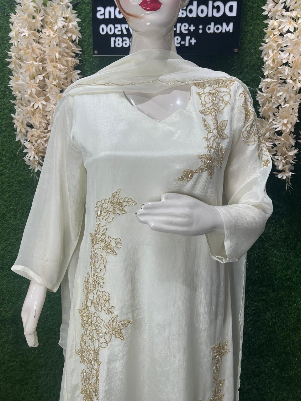 A‑Line Chinon Suit Set with Sequins, Pearls & Cutdana Embellishment