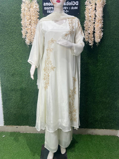 A‑Line Chinon Suit Set with Sequins, Pearls & Cutdana Embellishment