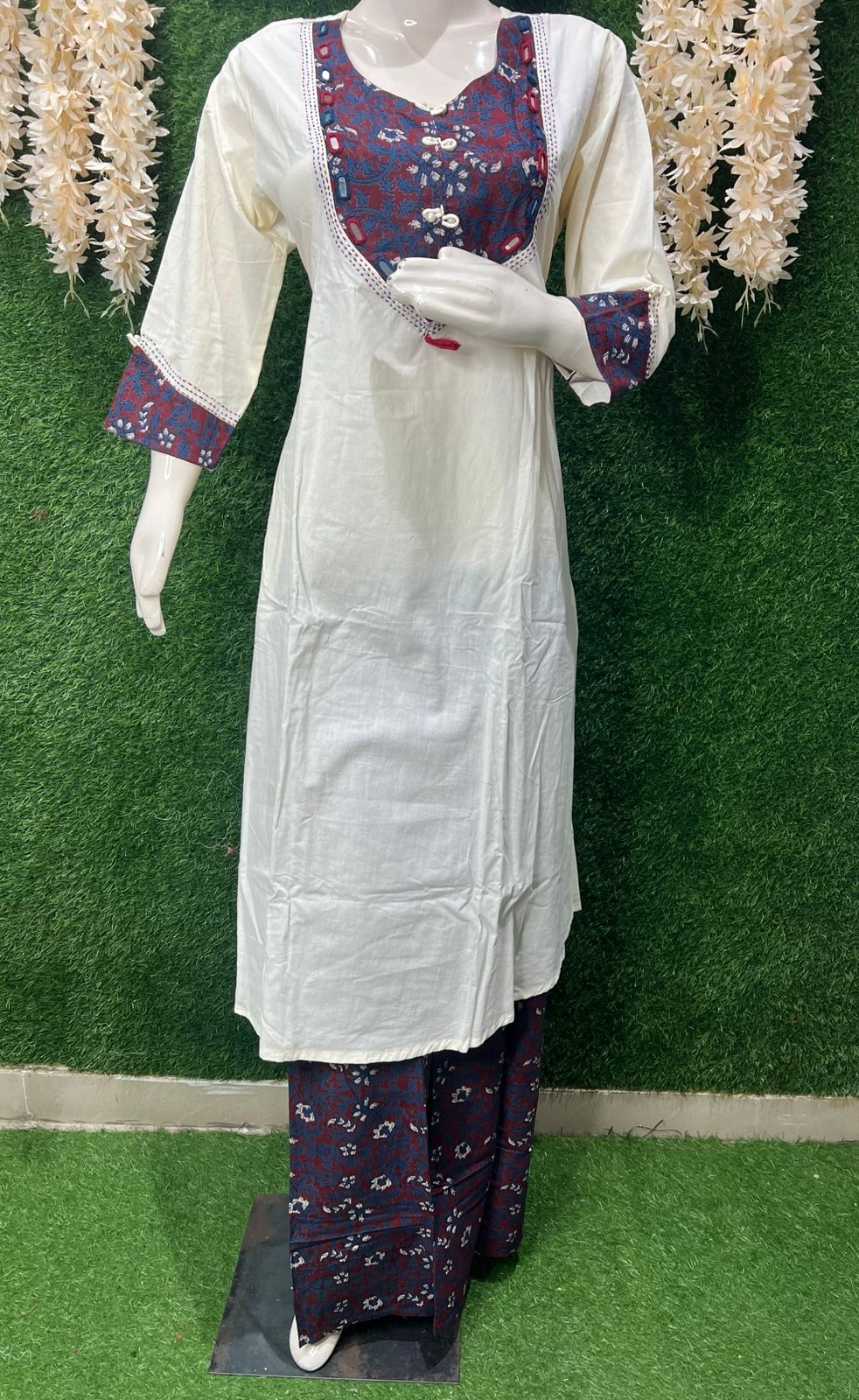 Cotton A-Line Kalamkari Patch Kurta & Pant Set