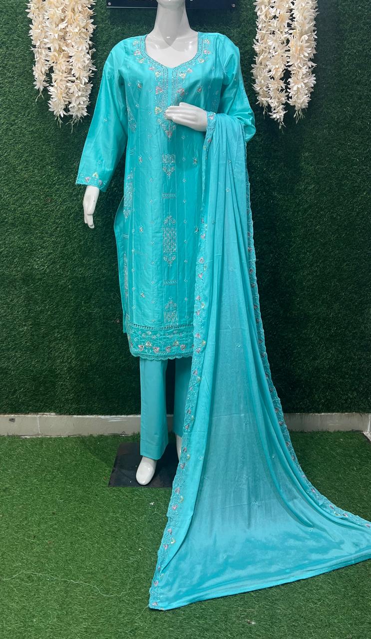 Cotton Kurta Pant Set with Stone & Resham Embroidery