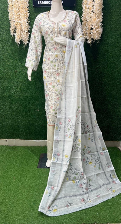 Cotton Suit Set with Neck Embroidery