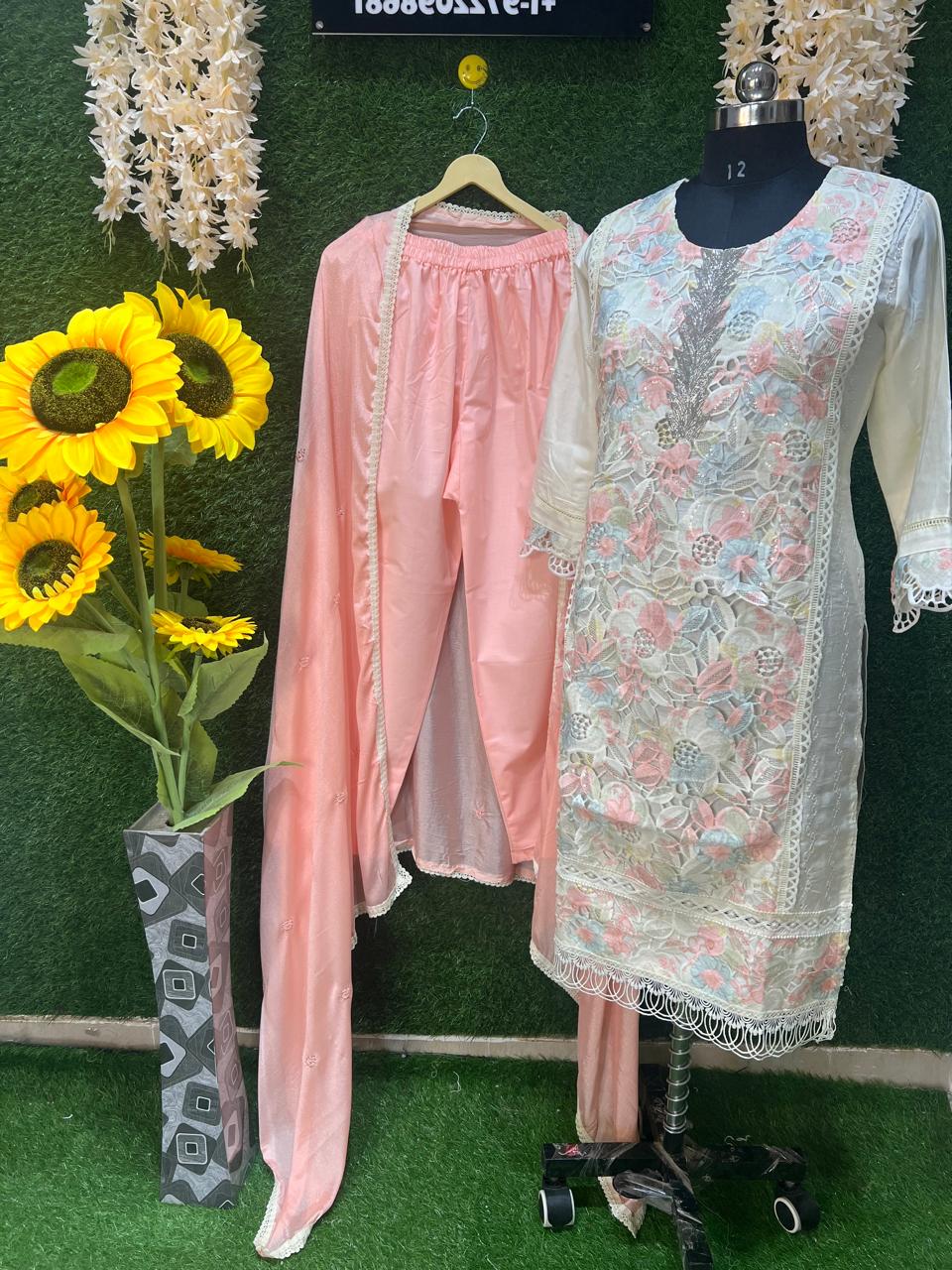 Cotton Silk Blend Kurta Suit Set with Palazzo & Dupatta
