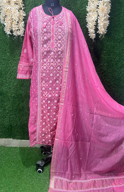 Lucknowi Chikankari A-Line Kurti Set with Elegant Brocade Detailing, Matching Dupatta & Pants
