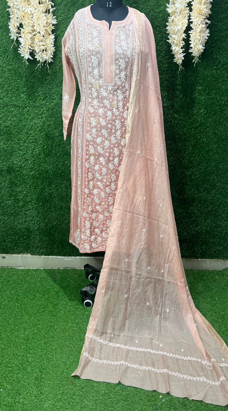 Lucknowi Chikankari Mul Chanderi Suit Set with All-Over Thread Embroidery