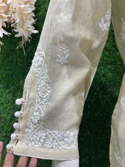 Lucknowi Chikankari Tissue Shimmer Sherwani-Style Kurti & Pant Set