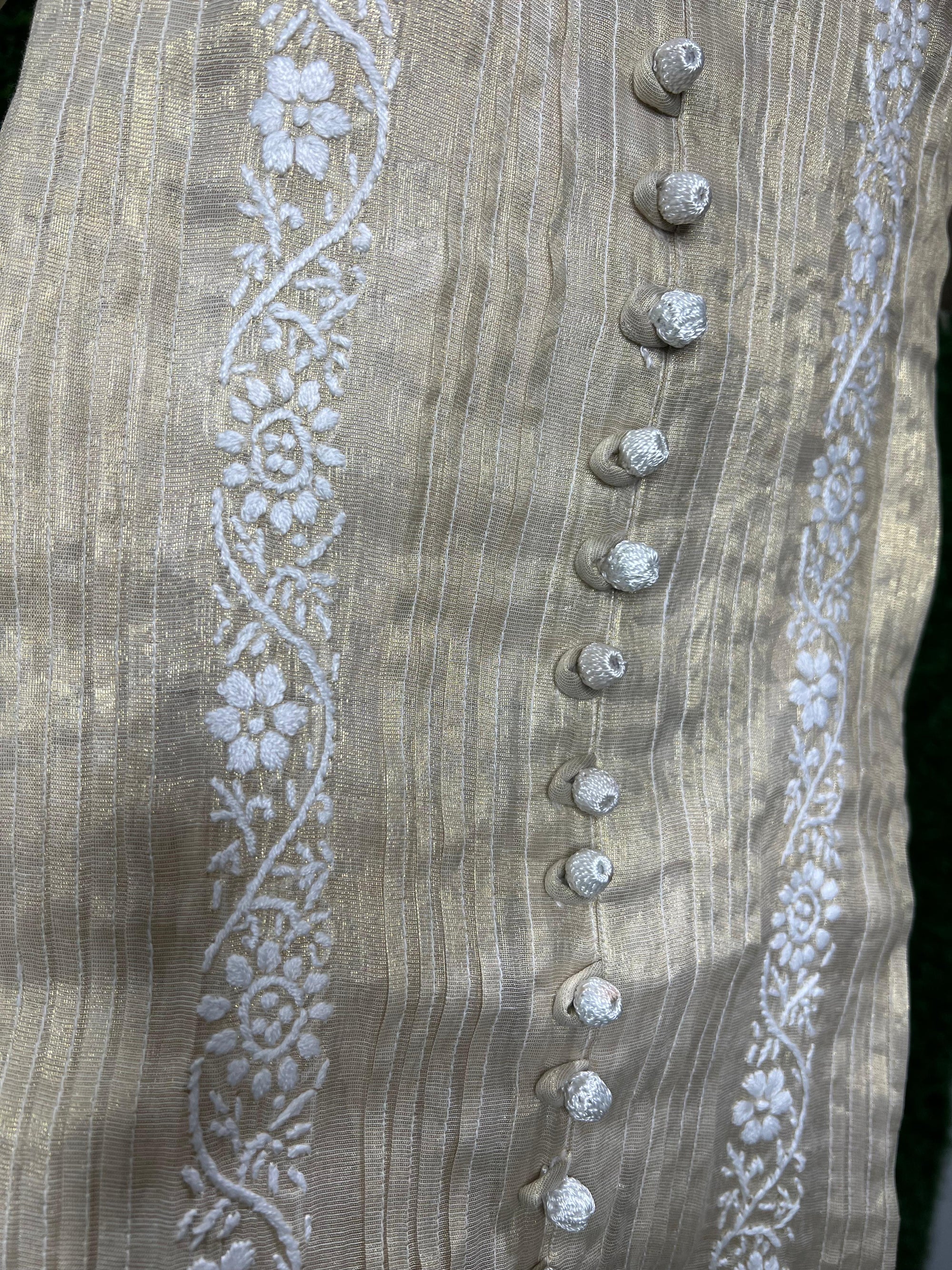 Lucknowi Chikankari Tissue Shimmer Sherwani-Style Kurti & Pant Set