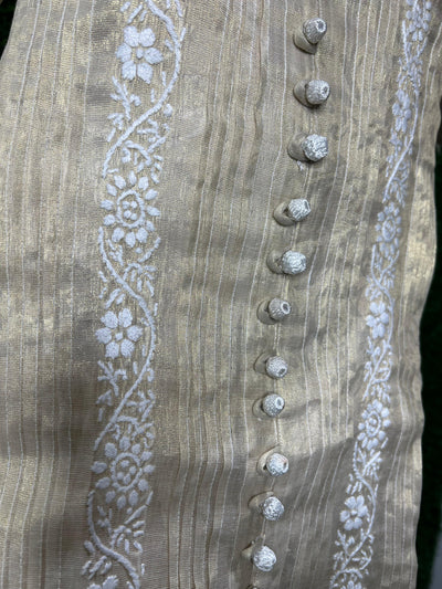 Lucknowi Chikankari Tissue Shimmer Sherwani-Style Kurti & Pant Set