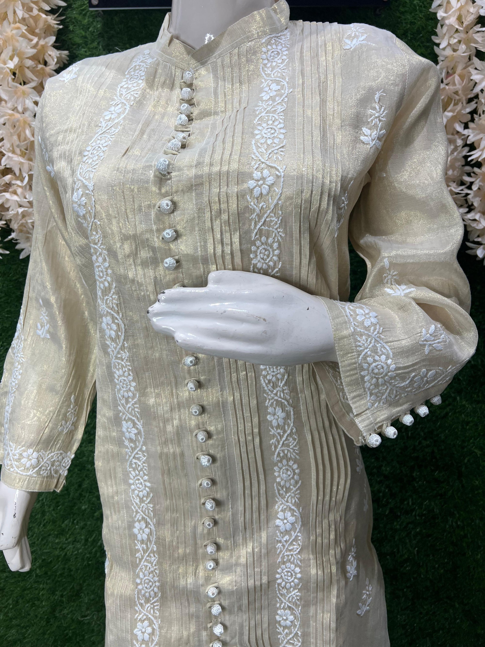 Lucknowi Chikankari Tissue Shimmer Sherwani-Style Kurti & Pant Set