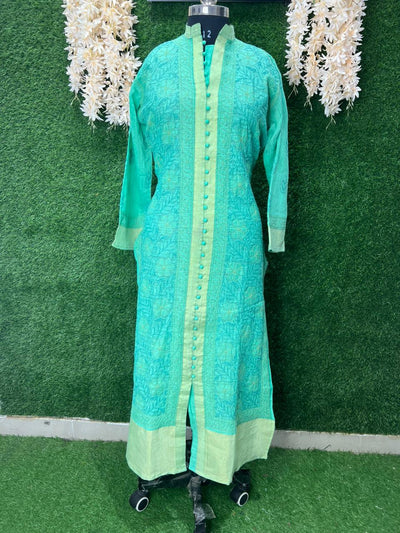 Lucknowi Chikankari Sherwani-Style Shadow Work Kurti in Kota Doriya with Zari Panel & Border