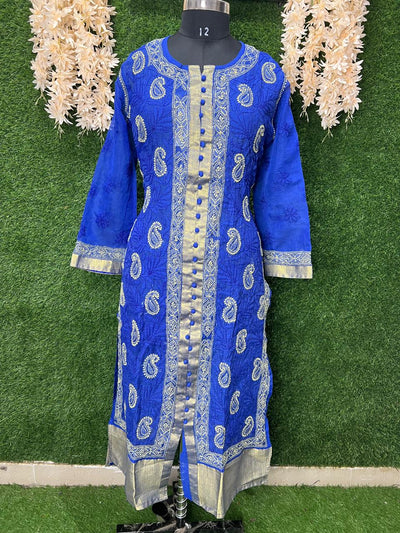 Lucknowi Chikankari Sherwani-Style Shadow Work Kurti in Kota Doriya with Zari Panel & Border