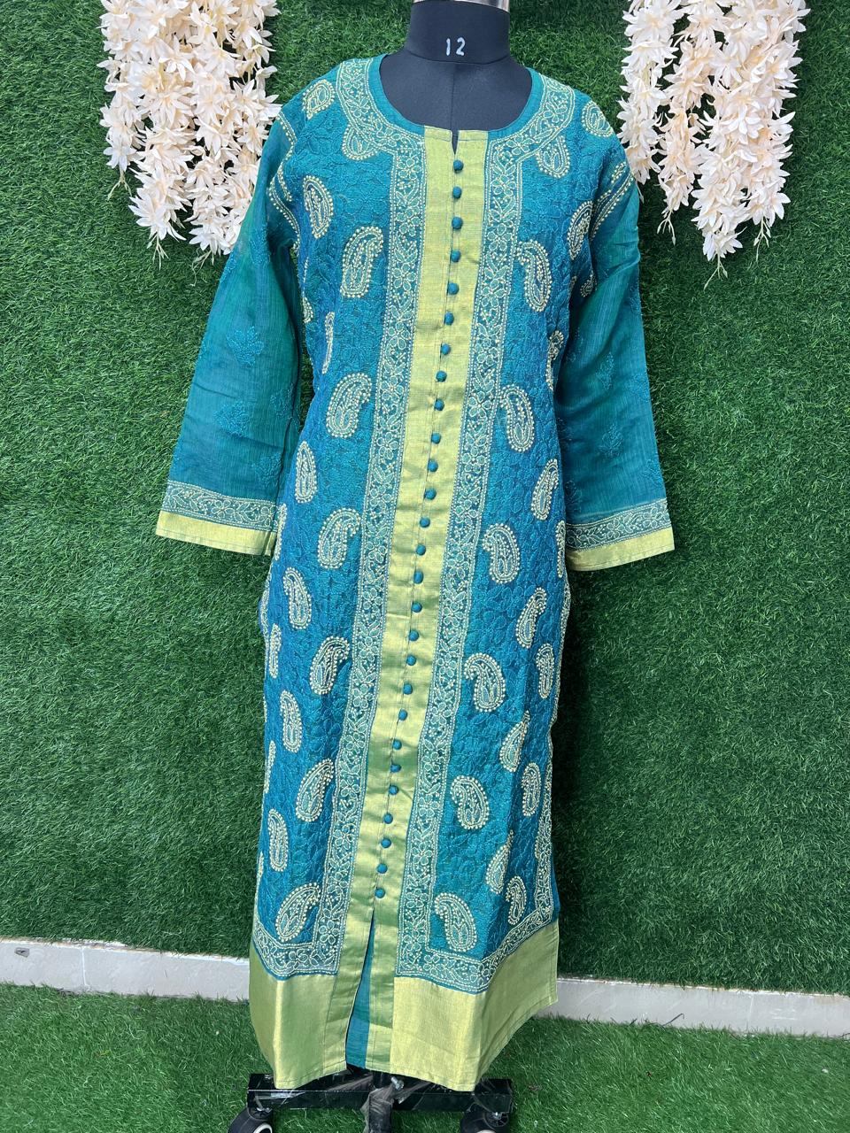 Lucknowi Chikankari Sherwani-Style Shadow Work Kurti in Kota Doriya with Zari Panel & Border