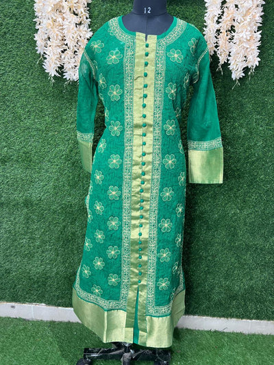 Lucknowi Chikankari Sherwani-Style Shadow Work Kurti in Kota Doriya with Zari Panel & Border