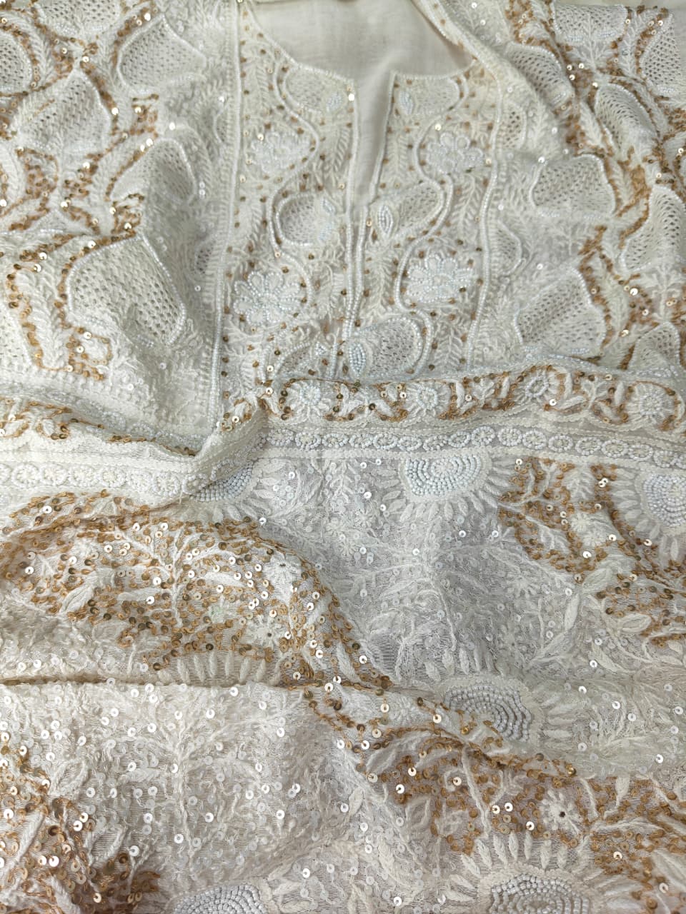 Mul Chanderi Lucknowi Chikankari Unstitched Suit with Hand Jaali & Sequin Work