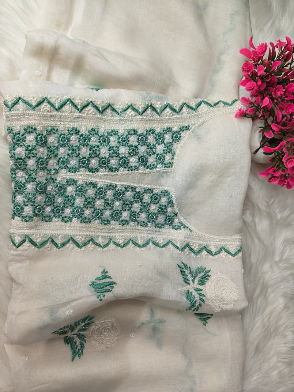 Lucknowi Chikankari Kurta & Dupatta Set in Mulmul Chanderi with Pearl & Cutdana Embroidery