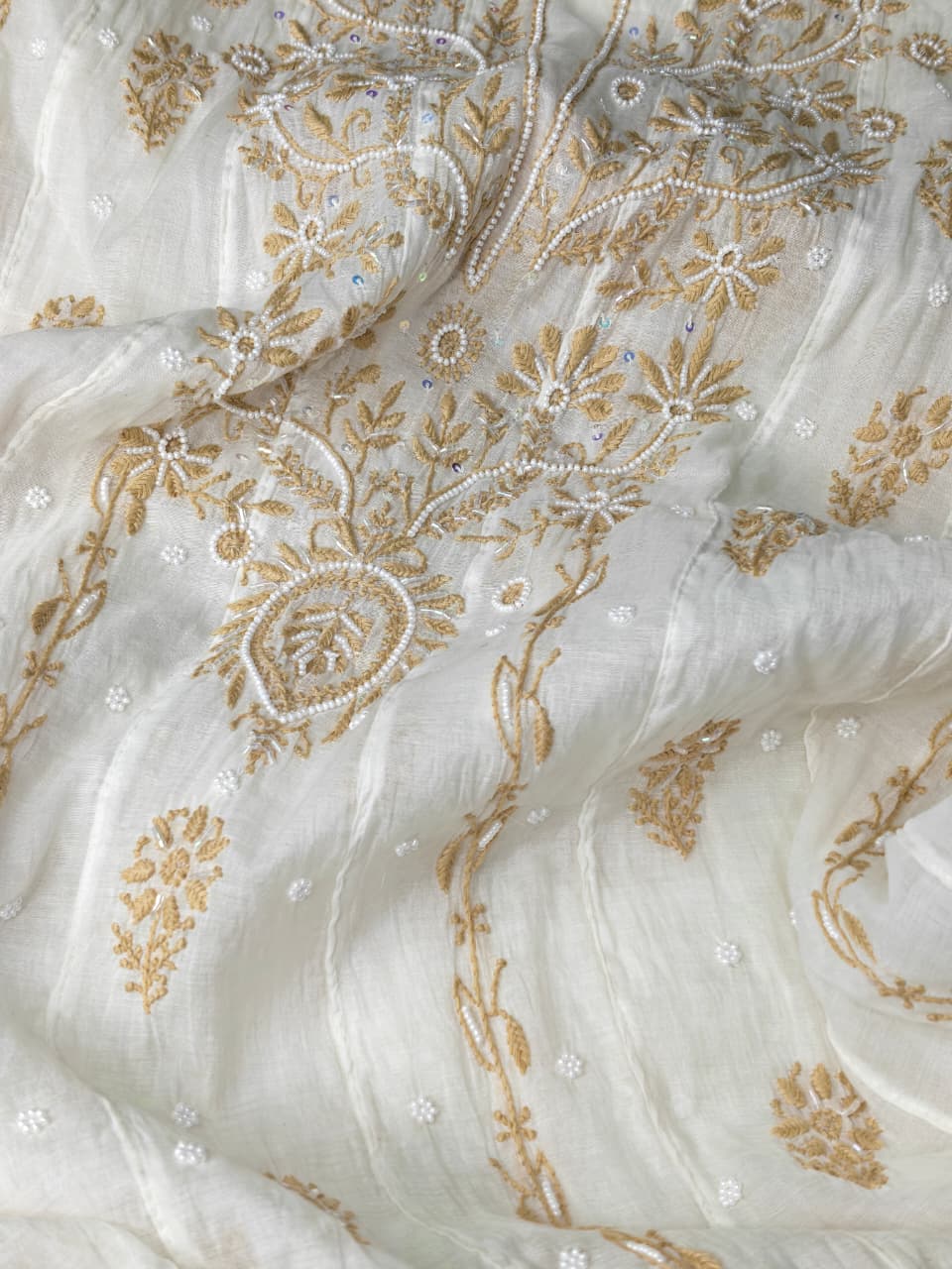 Unstitched Lucknowi Chikankari Mul Chanderi Anarkali with Sequin Handwork