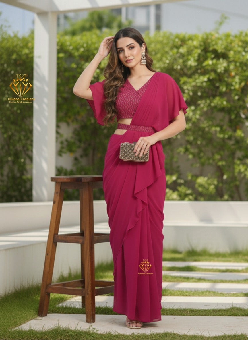 Printed Pre-Draped Saree with Stitched Blouse Ready-to-Wear Saree