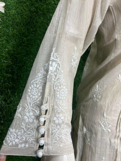 Lucknowi Chikankari Tissue Shimmer Sherwani-Style Kurti & Pant Set