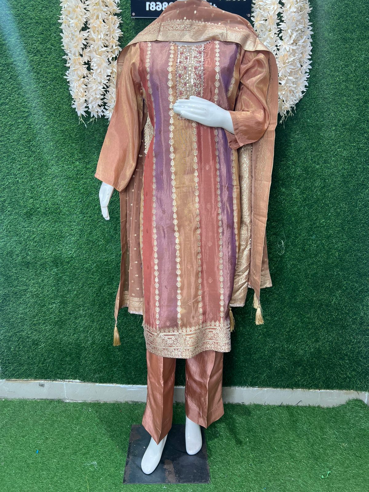 Banarasi Tissue Suit Set with Intricate Zardozi Handwork