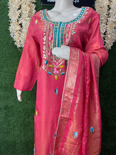 Tissue Shimmer Suit Set with Gota Patti, Real Mirror Work & Banarasi Dupatta