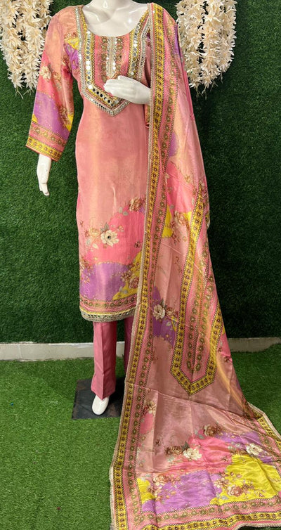 Tissue Shimmer Suit Set with Real Mirror Neckline & Lace-Trimmed Dupatta