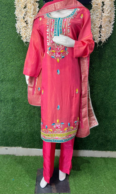 Tissue Shimmer Suit Set with Gota Patti, Real Mirror Work & Banarasi Dupatta