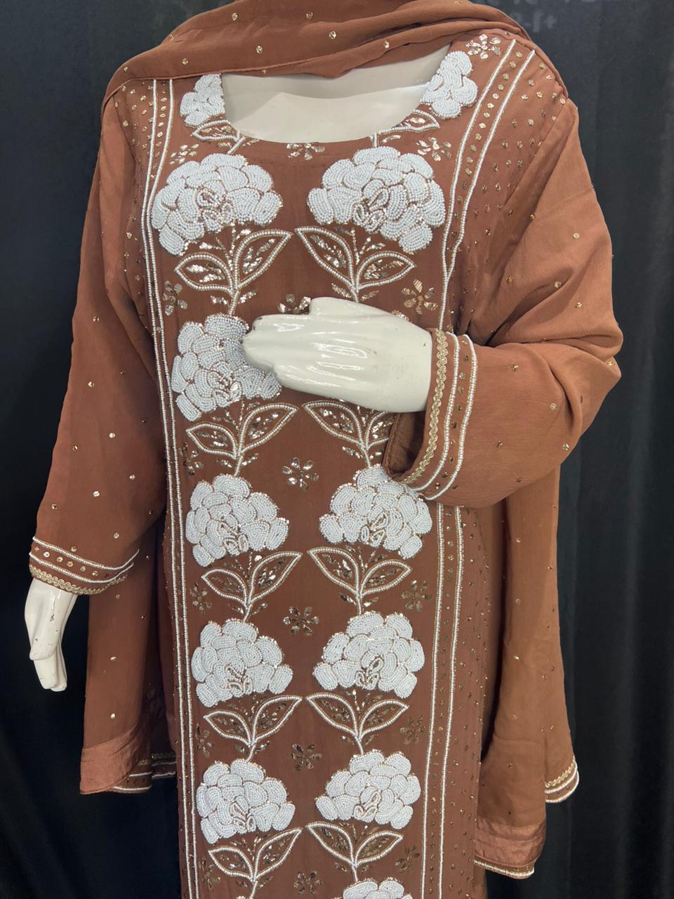 Lucknowi Chikankari Georgette Kurta & Dupatta with Mukaish (Badla) & Pearl Handwork