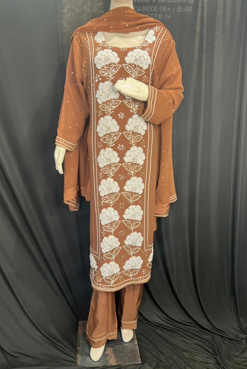 Lucknowi Chikankari Georgette Kurta & Dupatta with Mukaish (Badla) & Pearl Handwork
