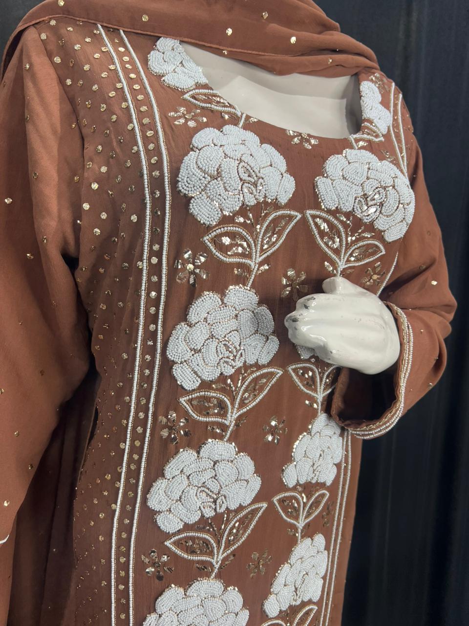 Lucknowi Chikankari Georgette Kurta & Dupatta with Mukaish (Badla) & Pearl Handwork