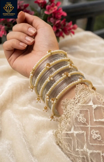 Colorful Jelly Glass Bangles Set with Pearl Bangles
