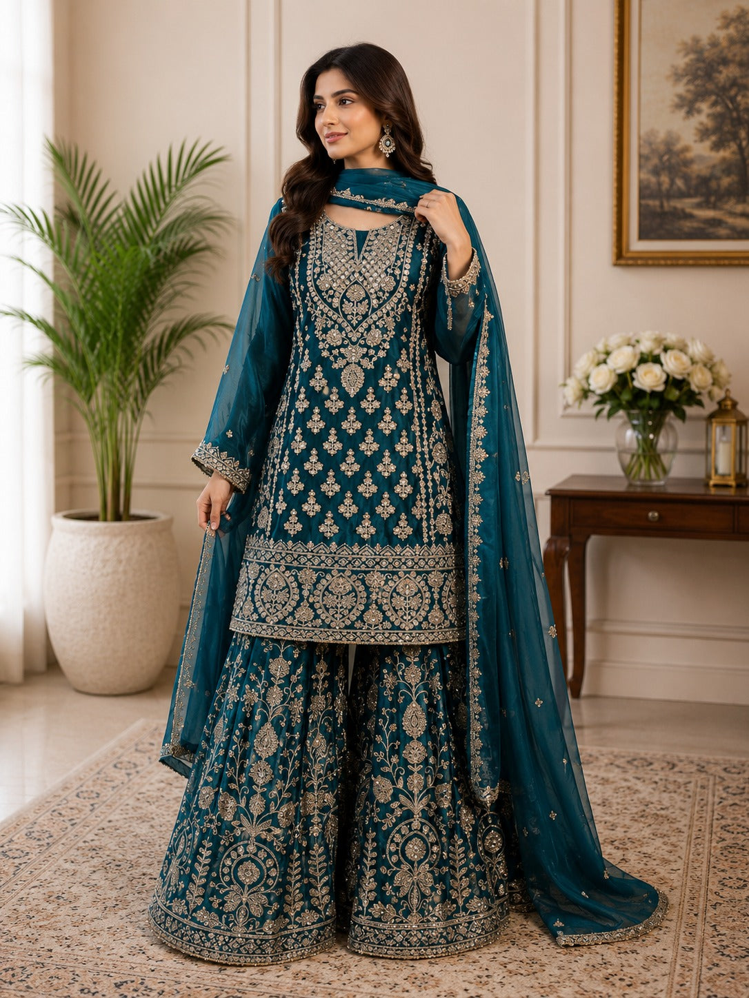 Royal Tissue Shimmer Sharara Set – Handcrafted Zardozi Elegance