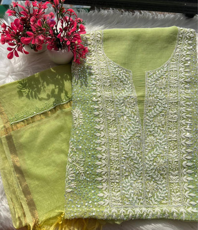 Lucknowi Chikankari Kurta Dupatta Set in Mul Chanderi – All-Over Sequin Handwork (Unstitched)