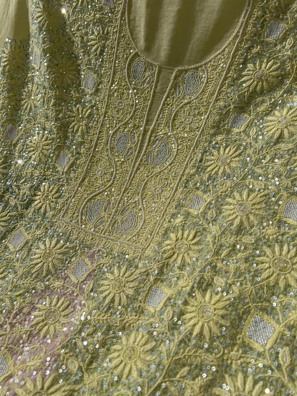 Lucknowi Chikankari Kurta Dupatta Set in Mul Chanderi – All-Over Sequin Handwork (Unstitched)