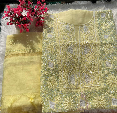 Lucknowi Chikankari Kurta Dupatta Set in Mul Chanderi – All-Over Sequin Handwork (Unstitched)