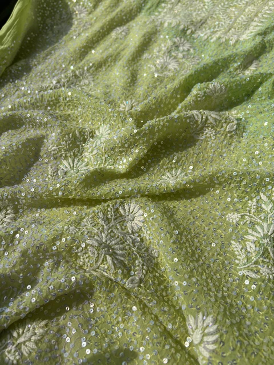 Lucknowi Chikankari Kurta Dupatta Set in Mul Chanderi – All-Over Sequin Handwork (Unstitched)