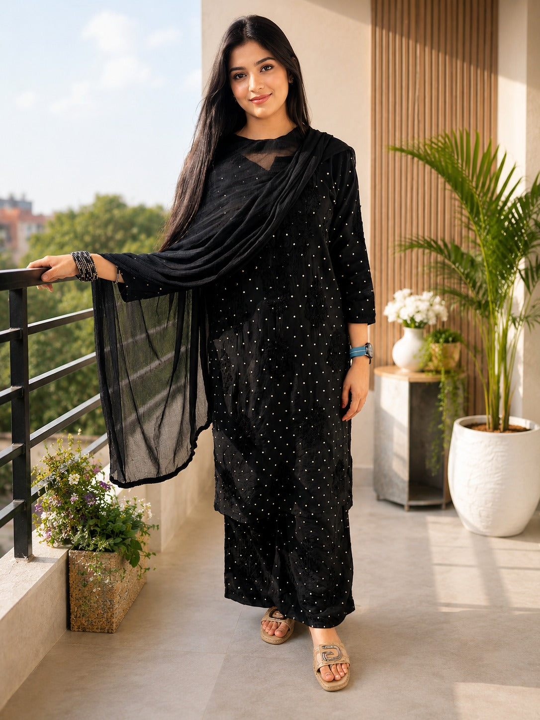 Hand-Embroidered Lucknowi Chikankari Chanderi Suit Set with Banarasi Booti