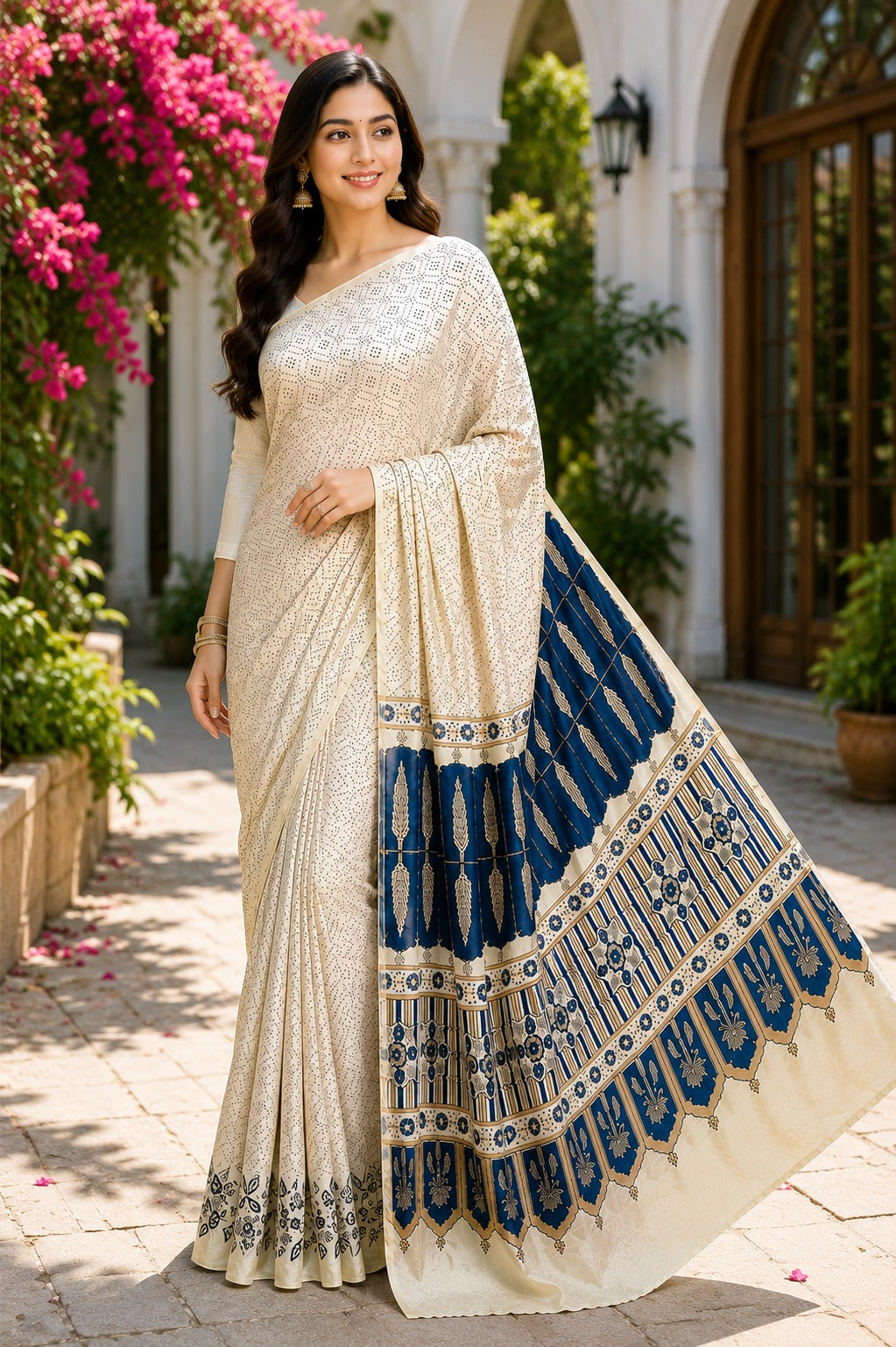 Premium Modal Silk Ajrakh Hand Block Printed Saree