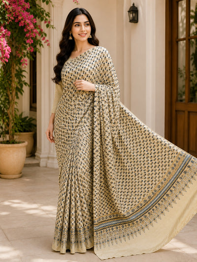 Premium Modal Silk Ajrakh Hand Block Printed Saree