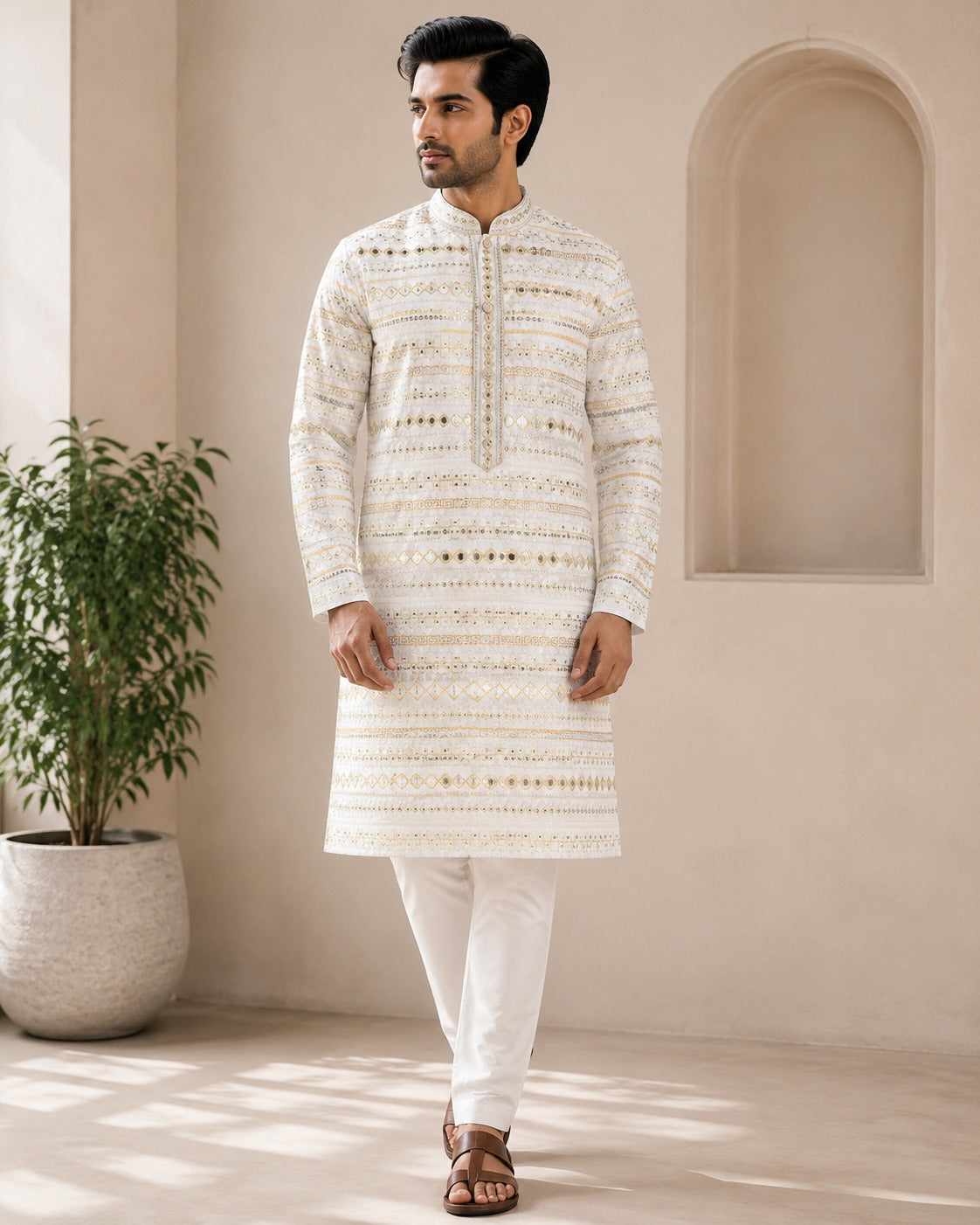 Premium Men's Foil Mirror Work Silk Kurta