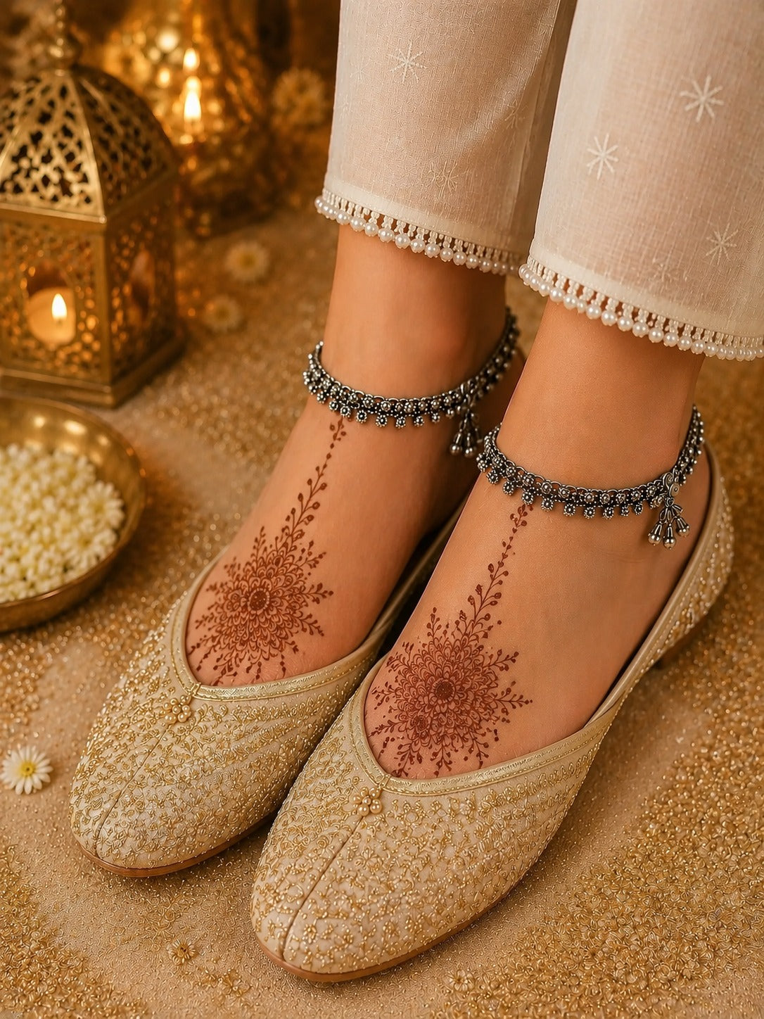 Silver Floral Ghungroo Payal for Women