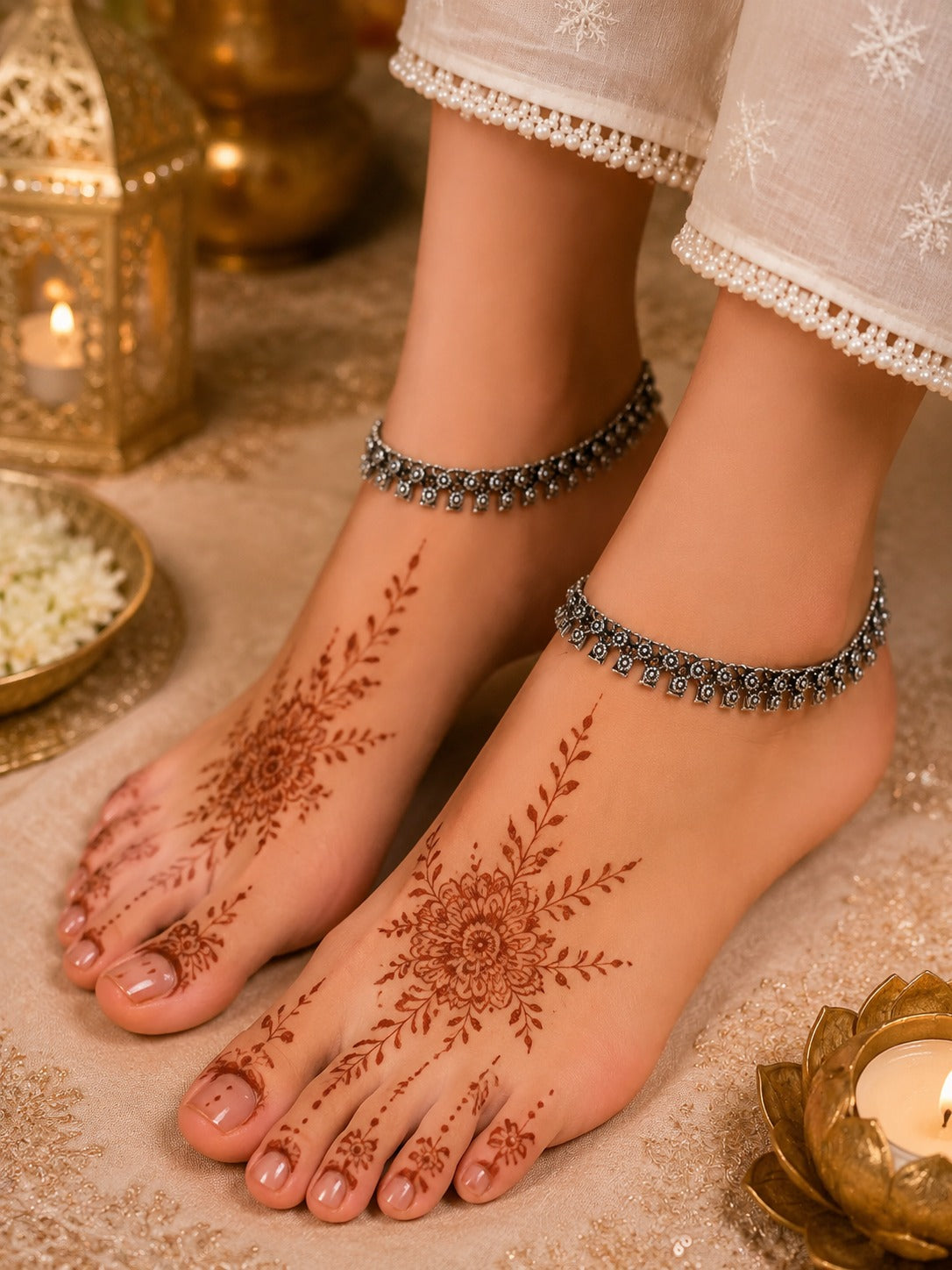 Silver Floral Ghungroo Payal for Women