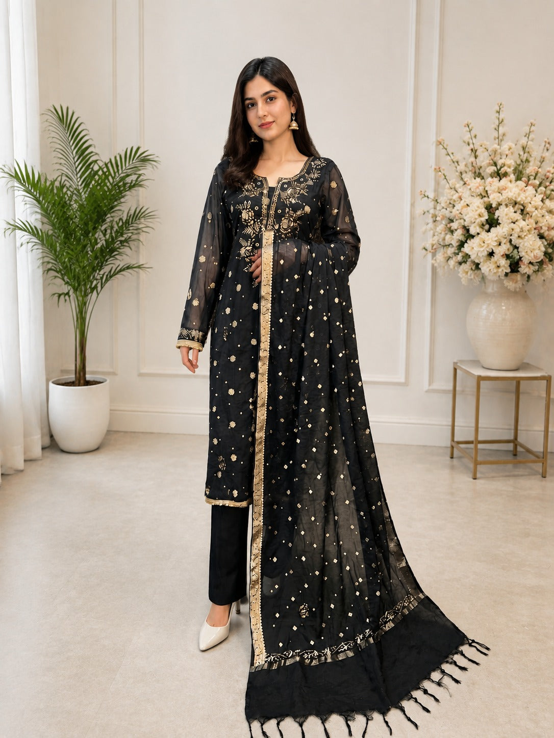 Premium Lucknowi Chikankari Mul Chanderi Mukaish Suit Set with Banarasi Butti