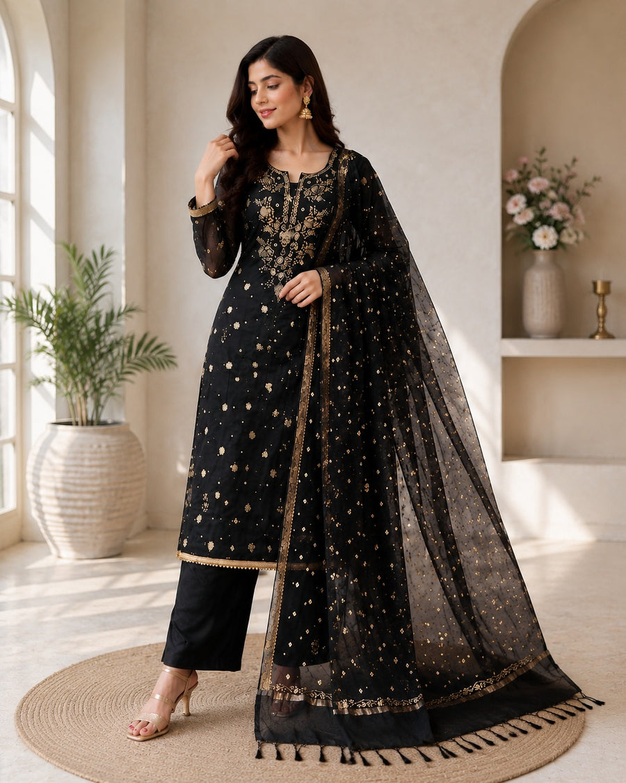 Premium Lucknowi Chikankari Mul Chanderi Mukaish Suit Set with Banarasi Butti