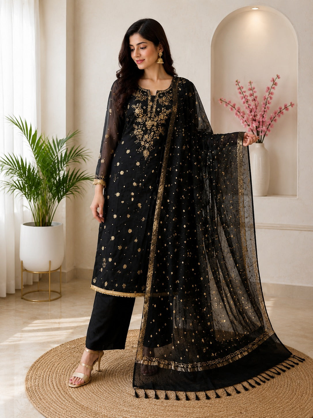 Premium Lucknowi Chikankari Mul Chanderi Mukaish Suit Set with Banarasi Butti